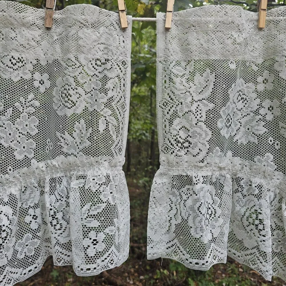 Vintage Light Gray Floral Lace Swag Curtains with Rose Pattern & Ruffle Trim